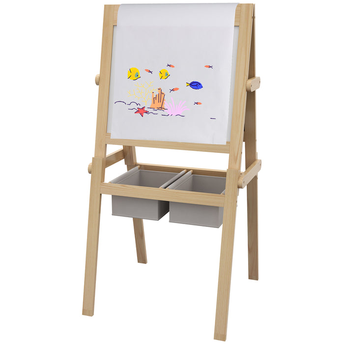 3 in 1 Kids Art Easel with Paper Roll - Double-Sided Whiteboard & Blackboard, Storage Baskets, Natural Wood Finish - Creative Play for Toddlers Ages 3-6 Years