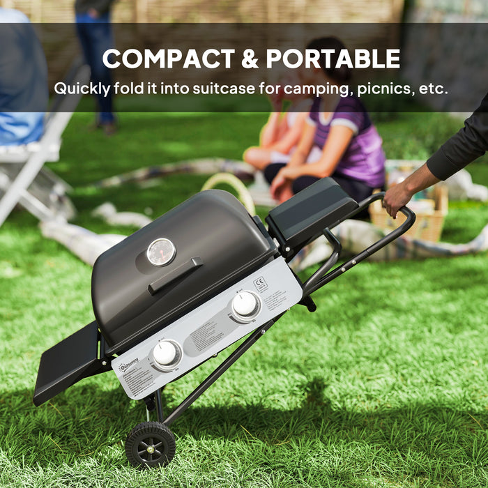 Outsunny Foldable Gas BBQ with Side Tables, 2 Burner Portable Gas Barbecue Grill with Thermometer Lid Grease Tray Wheels, Folding Trolley for Garden Party Camping Picnic Outdoor Cooking, 5.6KW, Black