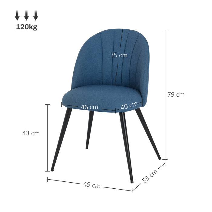 HOMCOM Velvet Dining Chairs Set of 2, Modern Upholstered Kitchen Chairs with Metal Legs, Shell Backrest and Padded Seat for Dining Room, Bedroom, Living Room, Vanity, Blue