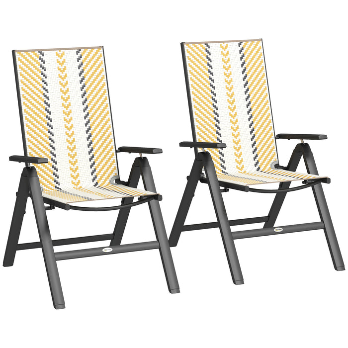 Outsunny Outdoor Rattan Folding Chair with 5-Position Adjustable Backrest, Wicker Garden Dining Chair with Wide Armrest, Set of 2 for Patio, Terrace, Balcony, Orange