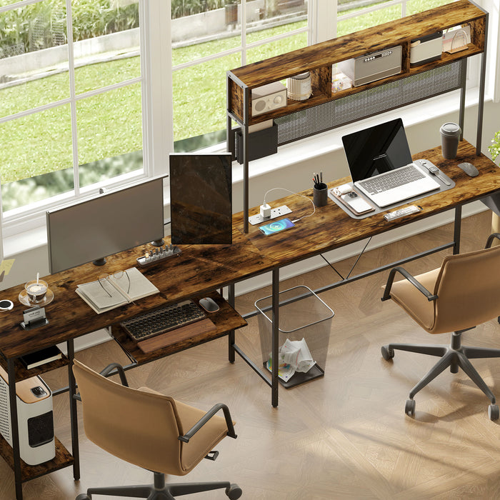 HOMCOM 160cm Reversible L Shaped Desk with Power Outlet, Industrial Corner Desk with Storage Shelves and Keyboard Tray, 240cm Long Computer Desk for 2 Person, Rustic Brown