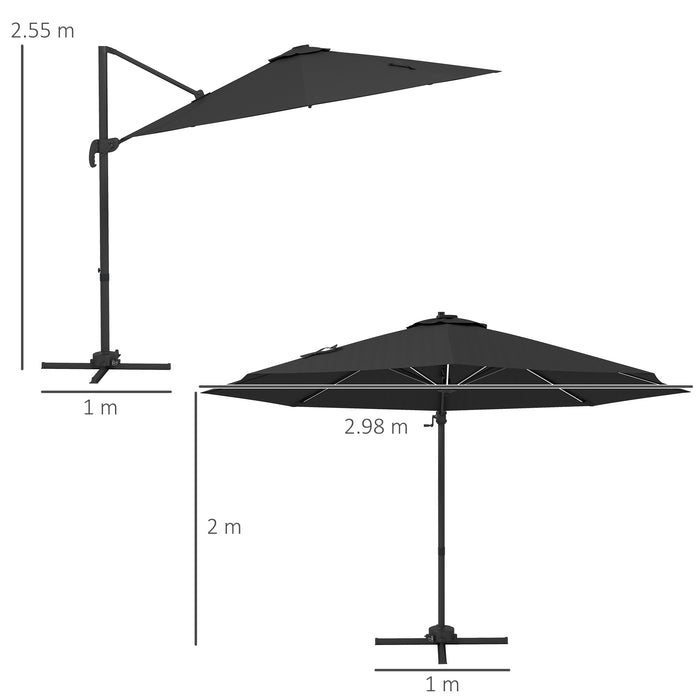 Adjustable Cantilever Parasol with Solar LED Lights and Base - 3m Coverage, Dark Grey Canopy - Ideal for Outdoor Relaxation and Nighttime Ambiance