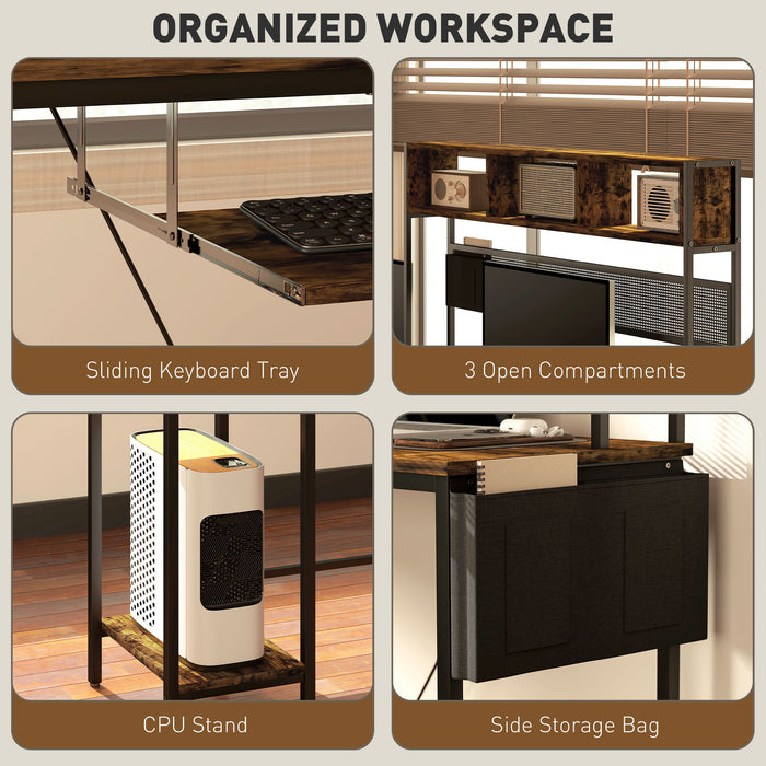 HOMCOM 160cm Reversible L Shaped Desk with Power Outlet, Industrial Corner Desk with Storage Shelves and Keyboard Tray, 240cm Long Computer Desk for 2 Person, Rustic Brown