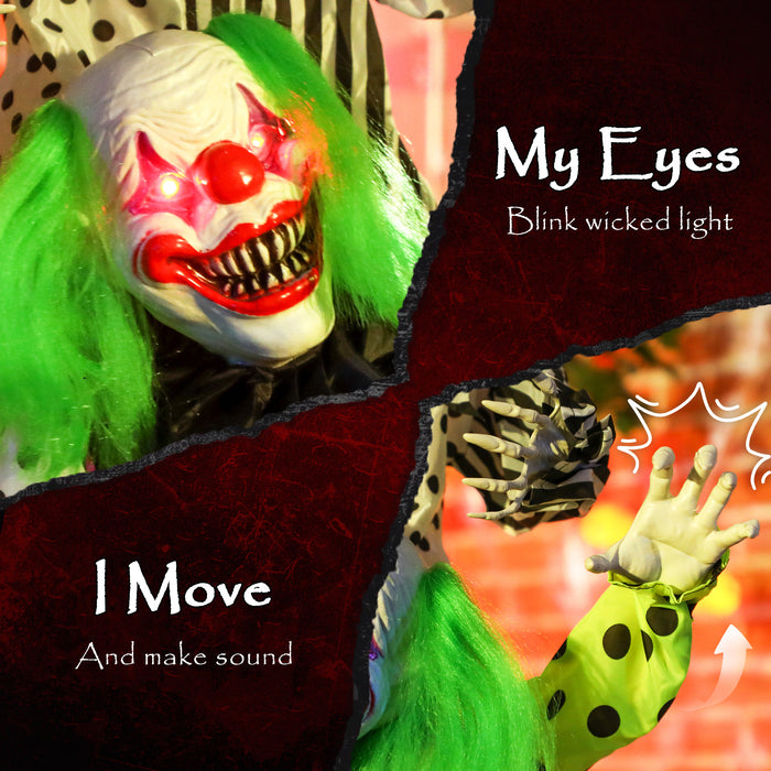 Outsunny Life Size Stackable Halloween Animated Clown with Red Light Up Eyes, Sound Activated Scary Halloween Decorations, Battery Operated, Indoor Party Props