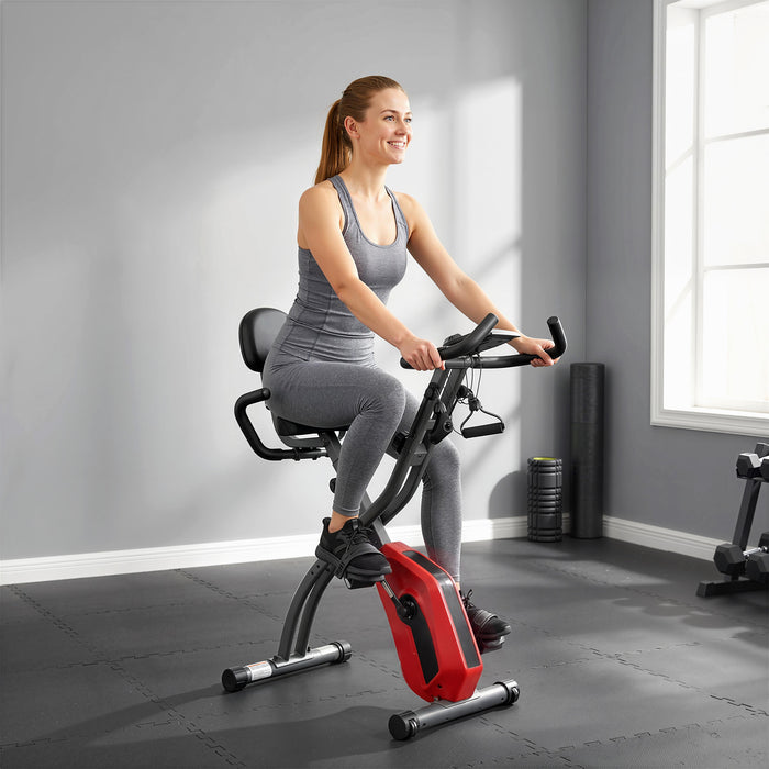 SPORTNOW 3-In-1 Folding Exercise Bike with Resistance Bands, Bluetooth App, 8-Level Magnetic Resistance, LCD Display, Red