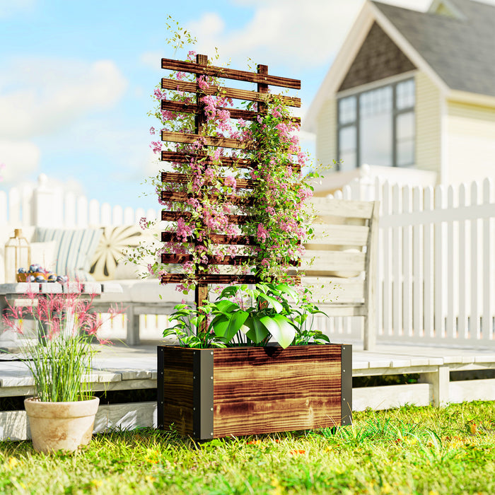 Outsunny Raised Garden Bed with Trellis, Outdoor Wooden Planter Box with Metal Corners and Wheels, Raised Bed for Garden