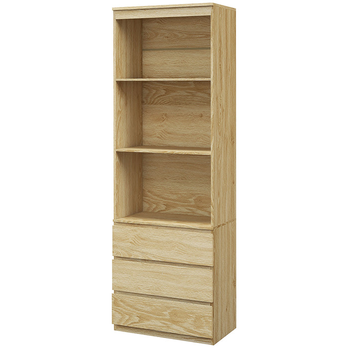 180cm Oak Wood Effect Bookcase - Free Standing Bookshelf with 3 Shelves & 3 Drawers, Display Cabinet - Versatile Storage for Living Room, Home Office, Bedroom
