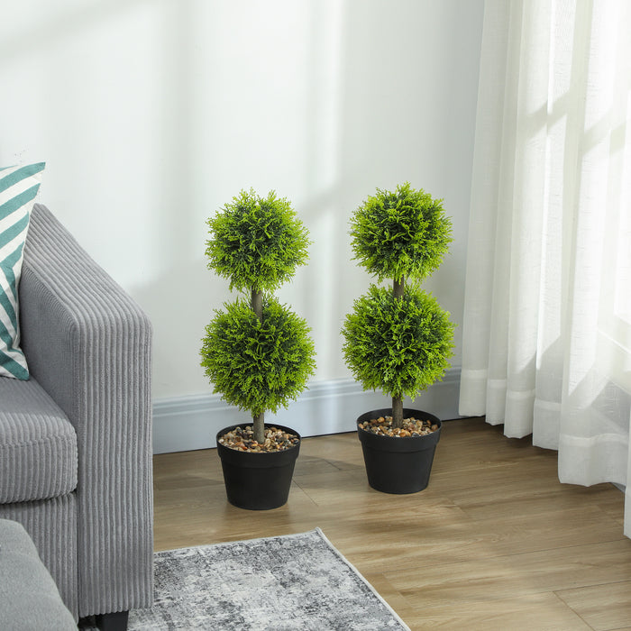 HOMCOM Set of 2 Decorative Artificial Plants, 60cm Faux Topiary Cypress Ball Trees with Plastic Pot and Pebbles, Fake Plants for Home Office Decor, Green