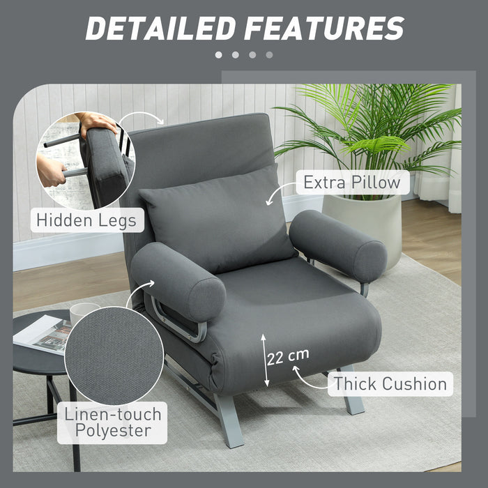 HOMCOM Single Sofa Bed, 3-in-1 Convertible Folding Chair Bed with Adjustable Backrest, Removable Armrests, Dark Grey