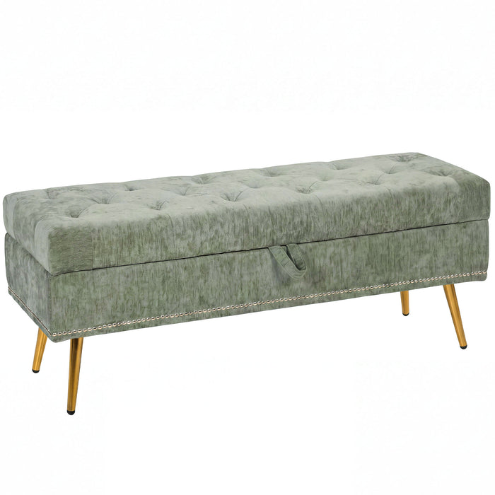HOMCOM Storage Ottoman, Chenille Upholstered Ottoman Storage Box with Padded Seat, Metal Legs, 114 x 41 x 45 cm, Light Green
