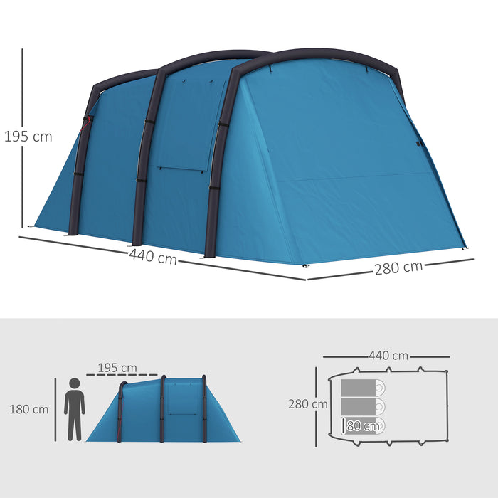 Outsunny Inflatable 3-4 Man Tunnel Tent w/ Air Pump, Living Area & Vestibule, Waterproof Family Camping Air Tent w/ Sewn In Groundsheet & Removable Footprint for Camping, Hiking, Blue