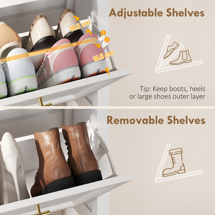 HOMCOM Shoe Cabinet with 2 Flip Drawers, Farmhouse Narrow Shoe Storage Cabinet with Adjustable Shelves, White
