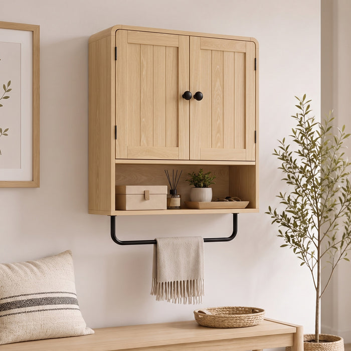 HOMCOM Bathroom Cabinet Wall Mounted, Bathroom Wall Cabinet with 2 Doors, Adjustable Shelf Storage for Toilet, Oak