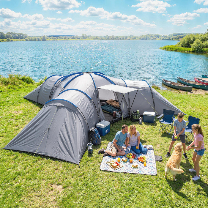 Outsunny 6-9 Man Large Tunnel Tent with 3 Bedrooms, Living Area and Porch, Light Grey