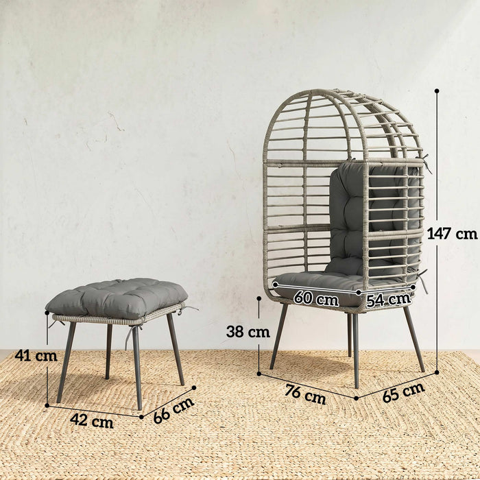 Outsunny Garden Egg Chair with Footstool, Rattan Indoor Outdoor Lounge Chair and Ottoman Set with Thick Cushions, Light Grey