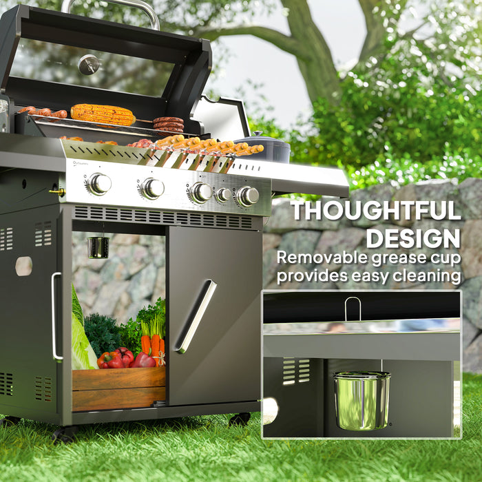 Outsunny 4+1 Burner Gas BBQ Grill with Clear View Lid, Portable Gas Barbecue Grill with Built-in Thermometer, Side Table, Cabinet, Wheels, Grease Tray for Garden Party Outdoor Cooking, Black