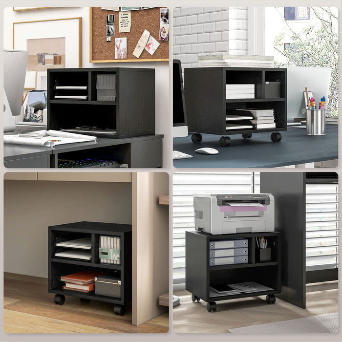 2-Tier Printer Stand with Storage - Under Desk Printer Cart with Wheels & 3 Compartments - Space-Saving Desktop Table for Home Office Use