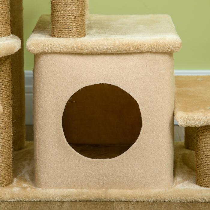 PawHut Adjustable Cat Steps, with House & Hanging Toy Ball - Beige | Aosom UK