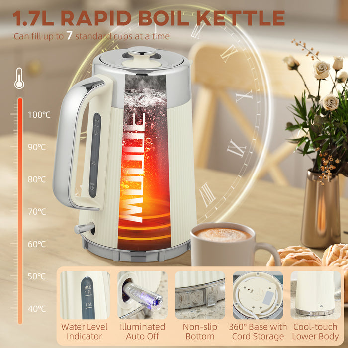 HOMCOM Electric Kettle and Toaster Set, 3000W 1.7L UK Strix Thermostat Rapid Boil Jug Kettle with Limescale Filter, Cool Touch Body, 4 Slice Toaster with 7 Browning Controls, Crumb Tray, Cream