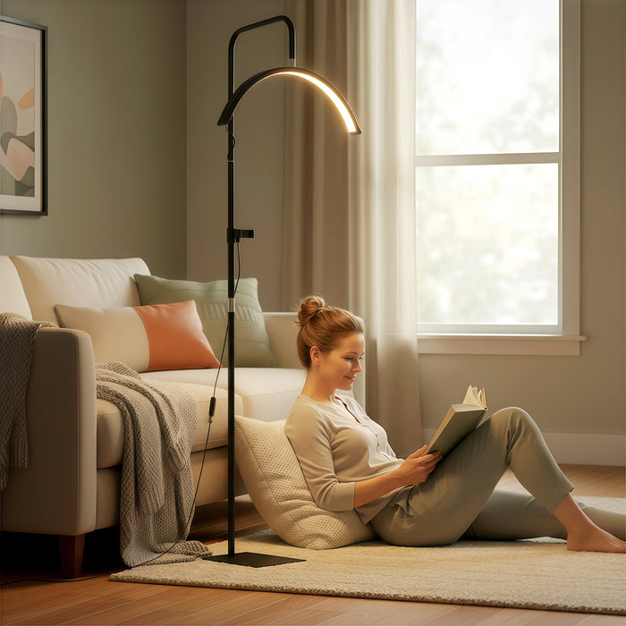HOMCOM Half Moon Lash Light, Beauty Floor Lamp with 350° Rotatable Head, 7 Colour Temperature and Phone Holder, Dimmable Standing Lamp for Eyelash Extension, Tattoo, Nails, Skincare, Black