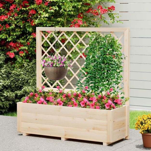 Raised Garden Bed with Lattice Trellis Wooden Elevated Planter-