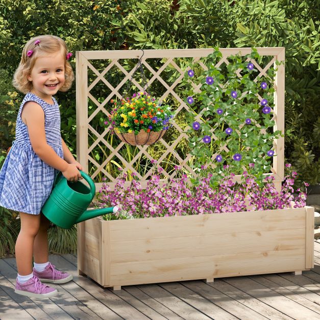 Raised Garden Bed with Lattice Trellis Wooden Elevated Planter-