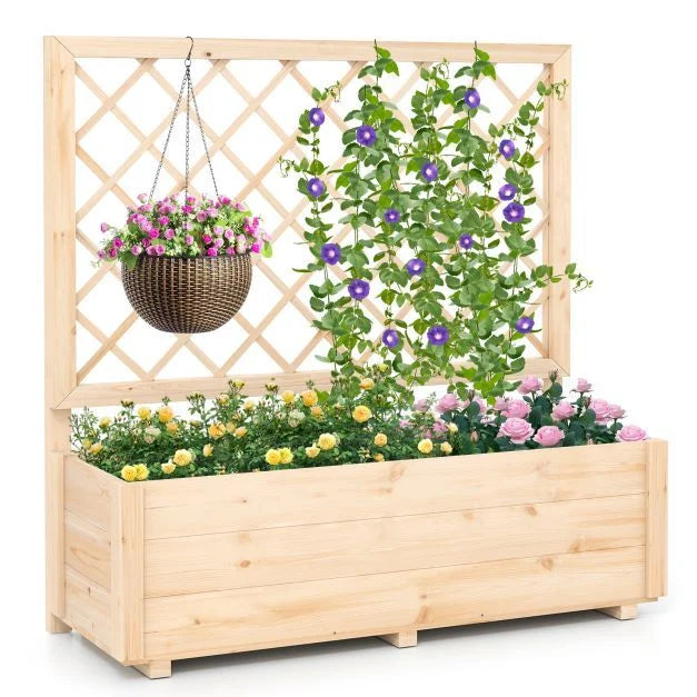 Raised Garden Bed with Lattice Trellis Wooden Elevated Planter-
