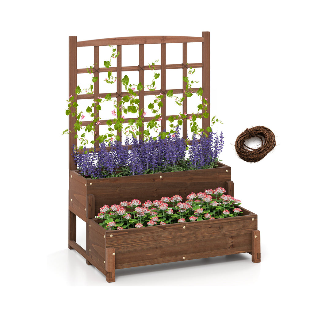Raised Garden Bed with Lattice Trellis and Drainage Holes-Rustic Brown