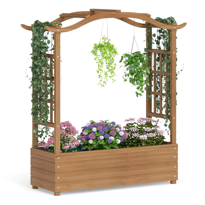 Raised Garden Bed with Trellis Solid Wood Planter with Hanging Roof-