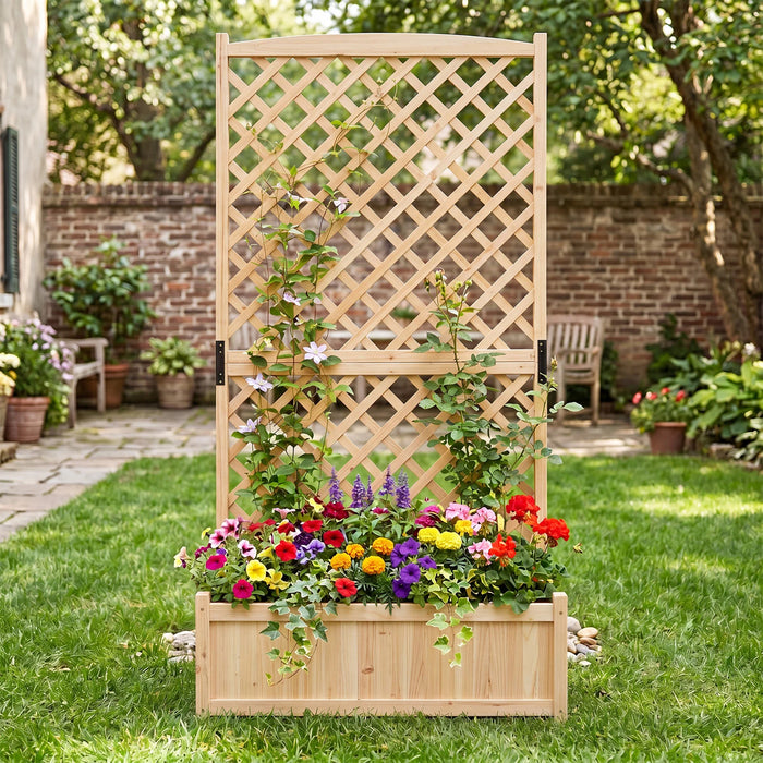 Raised Garden Bed with Trellis Wood Planter Box with Diamond Lattice Trellis-