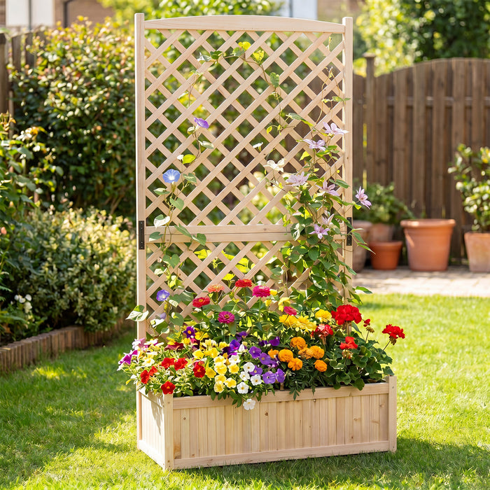 Raised Garden Bed with Trellis Wood Planter Box with Diamond Lattice Trellis-