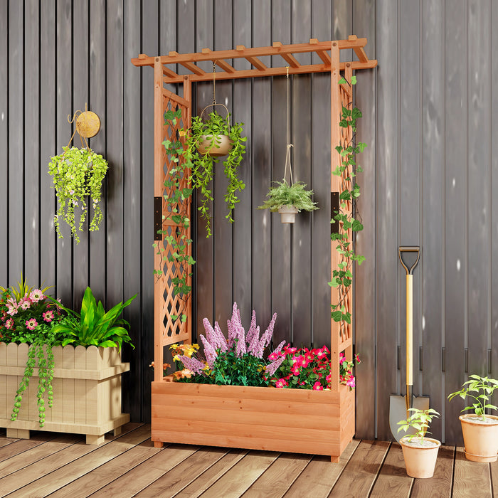 Fir Wood Planter Box - Raised Garden Bed with 2-Sided Trellis and Hanging Roof - Ideal for Climbing Plants and Vine Vegetables