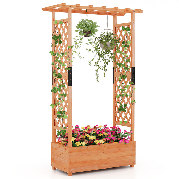 Fir Wood Planter Box - Raised Garden Bed with 2-Sided Trellis and Hanging Roof - Ideal for Climbing Plants and Vine Vegetables