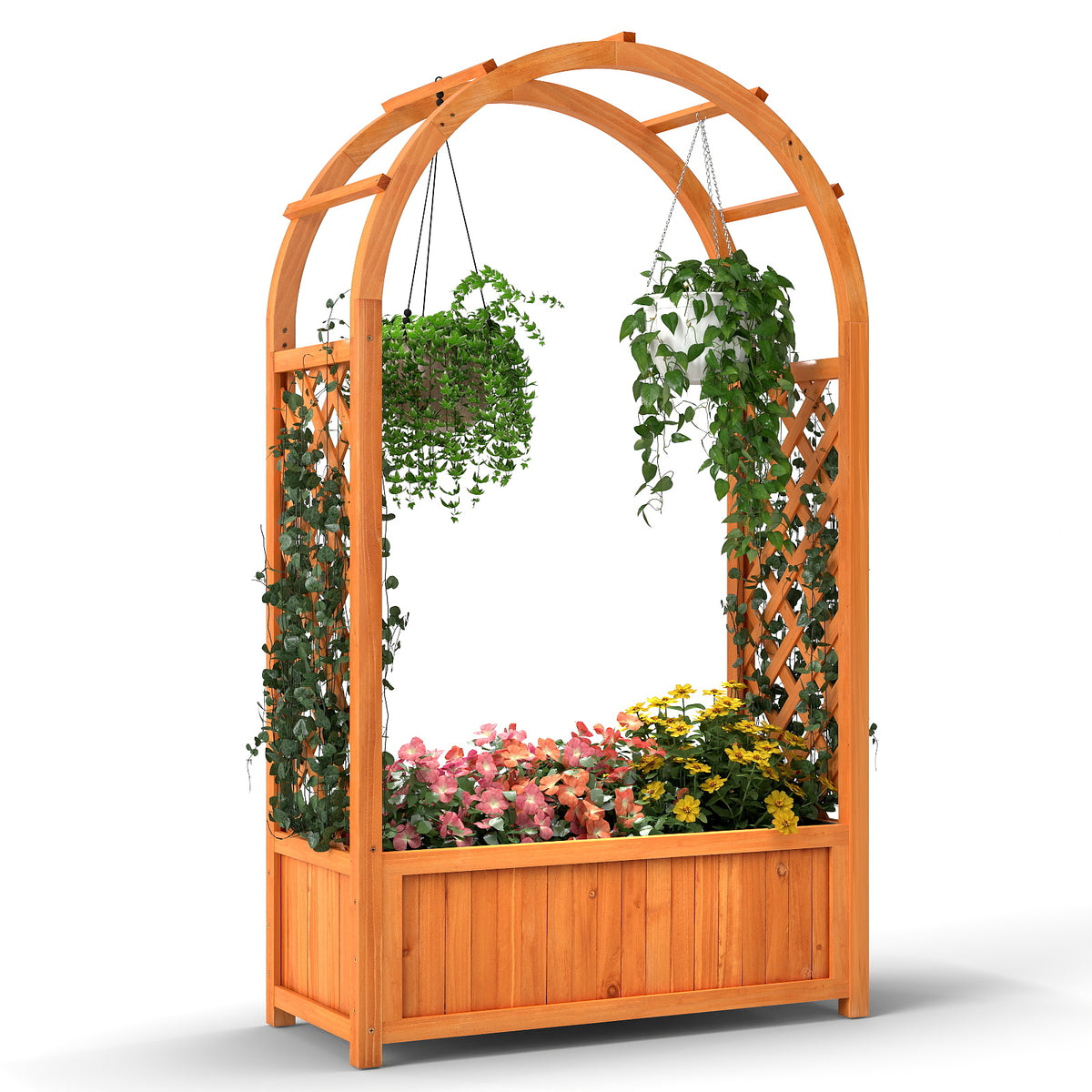 Raised Garden Bed with Arch Trellis Wood Planter Box with Liner-
