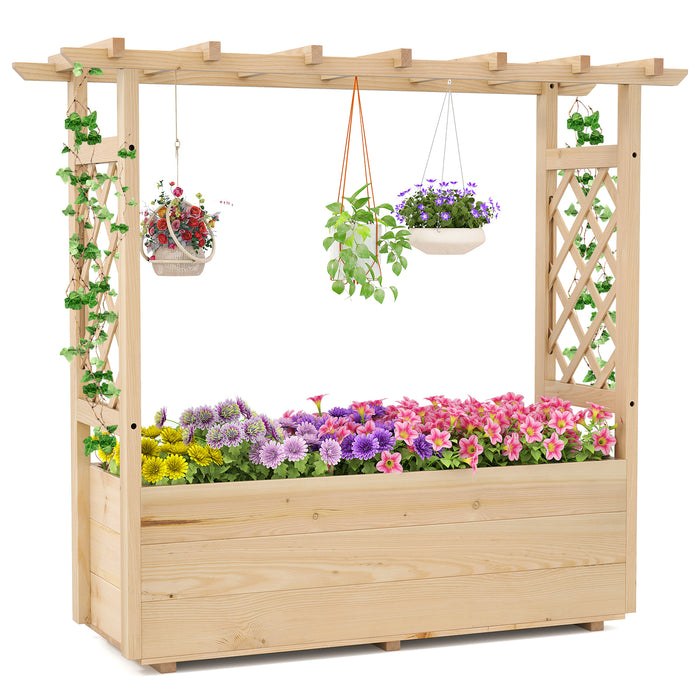 Raised Garden Bed with Lattice Trellises Hanging Roof Drainage-L