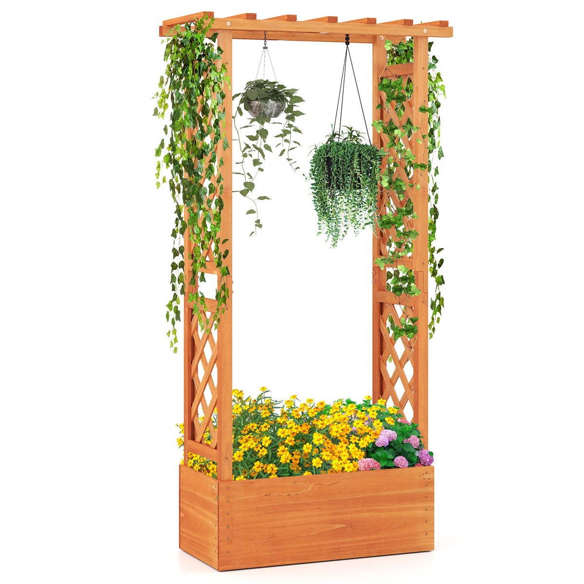 Raised Garden Bed with Trellis Wood Freestanding with Hanging Roof-