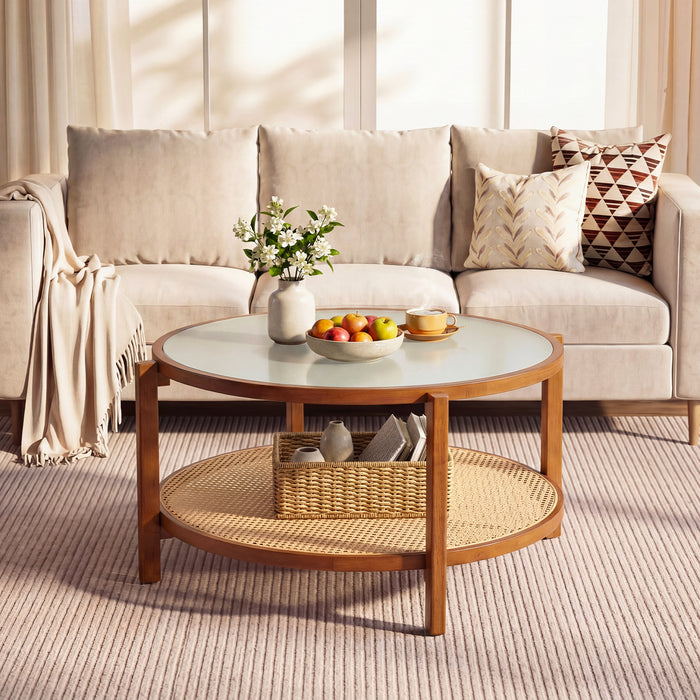 Rattan Coffee Table with Tempered Glass Top for Living Room-