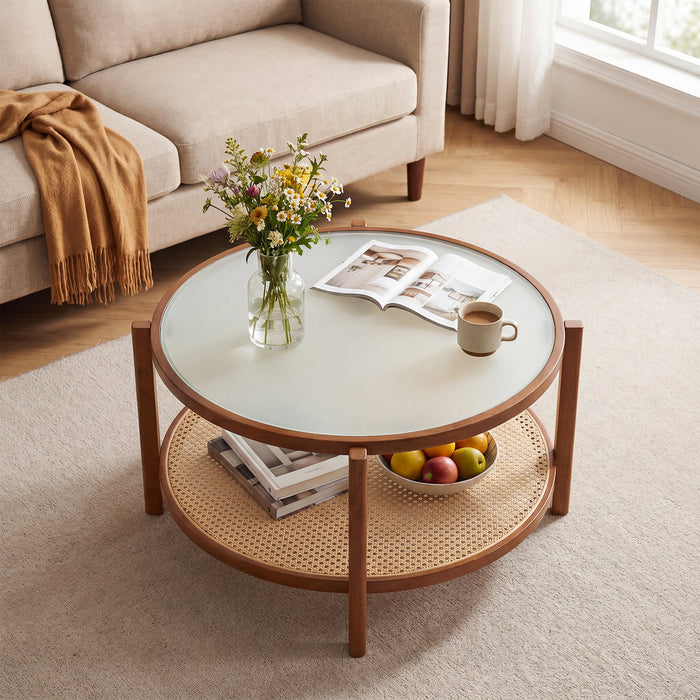 Rattan Coffee Table with Tempered Glass Top for Living Room-