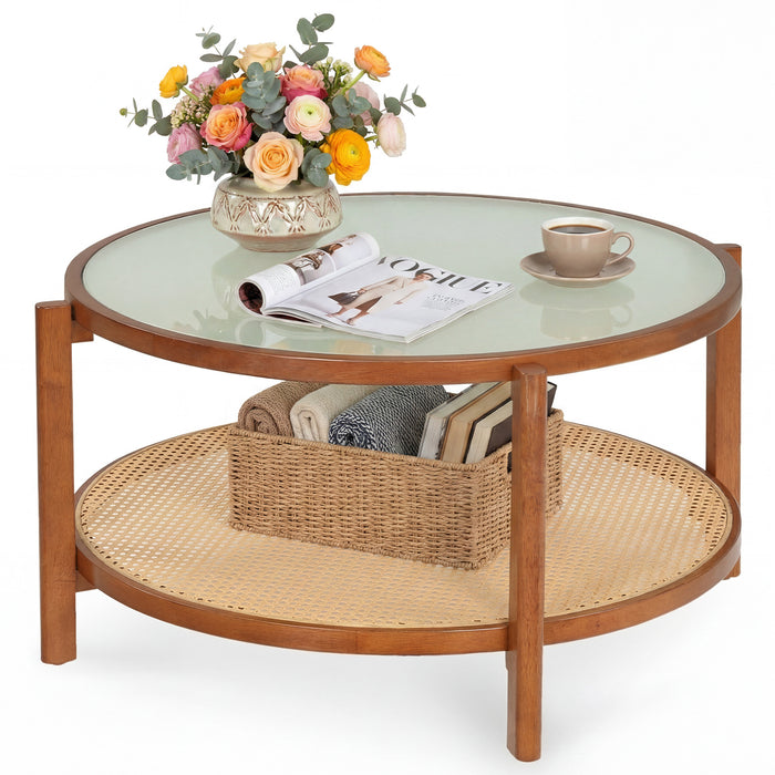 Rattan Coffee Table with Tempered Glass Top for Living Room-