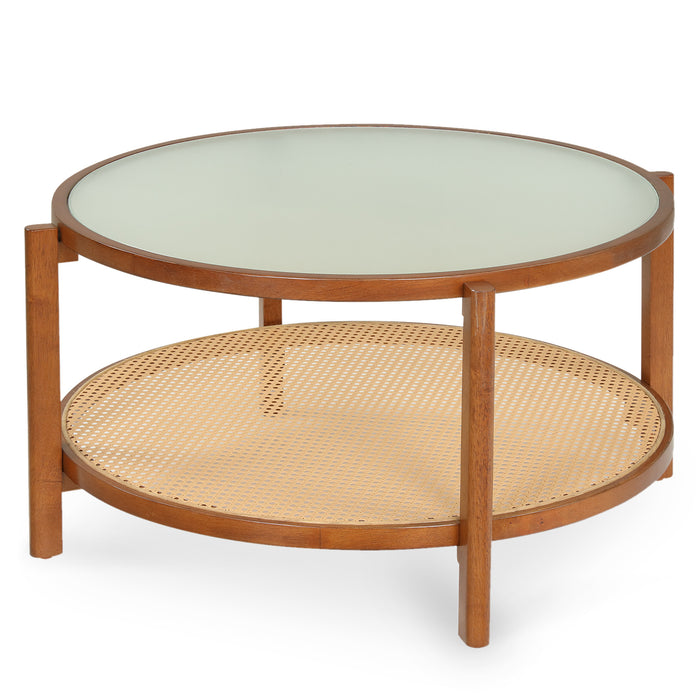 Rattan Coffee Table with Tempered Glass Top for Living Room-