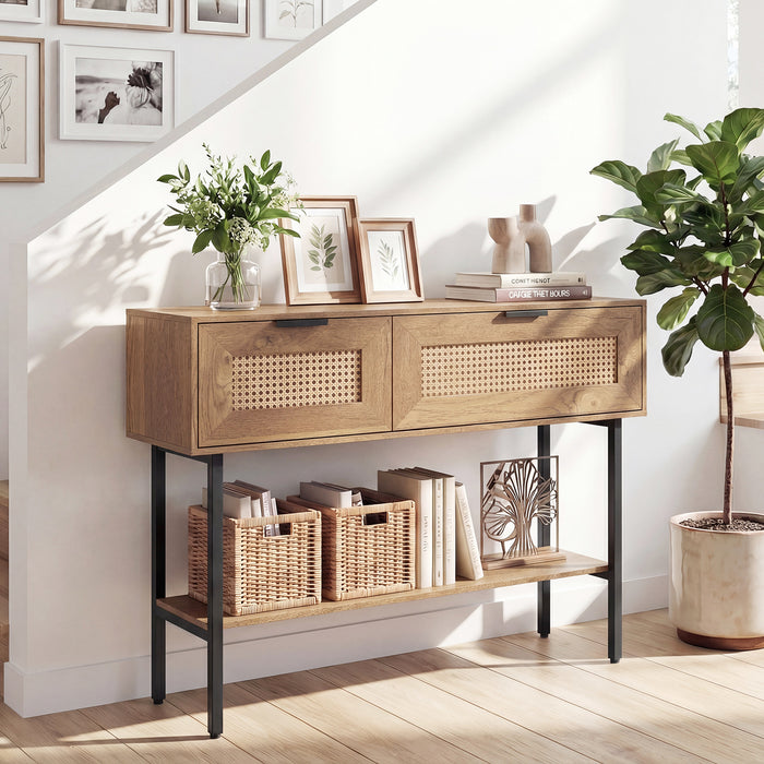Rattan Console Table Boho Entryway Table with Flip Doors-Black