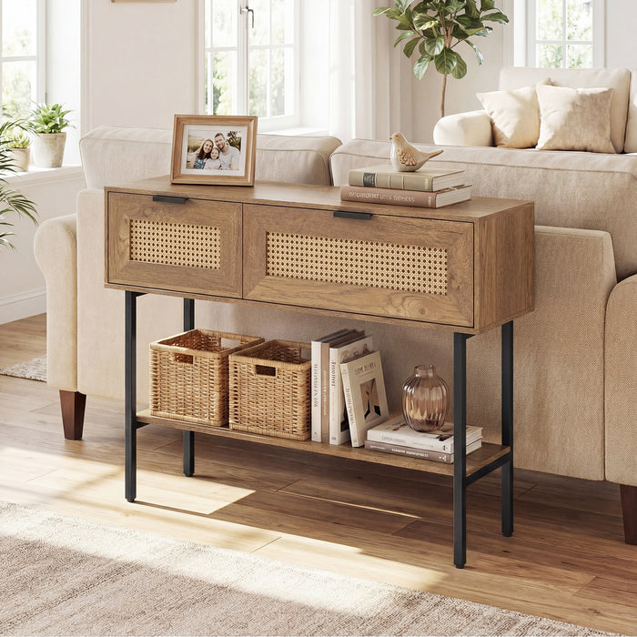 Rattan Console Table Boho Entryway Table with Flip Doors-Black