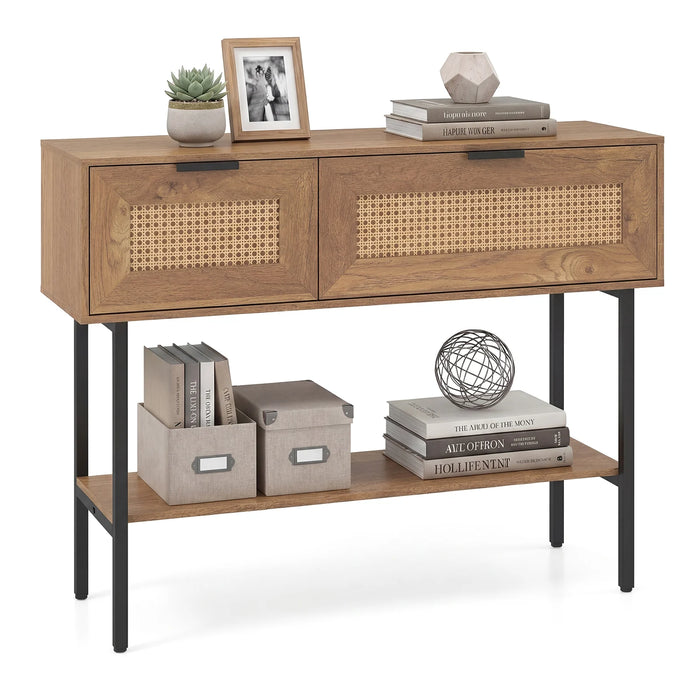 Rattan Console Table Boho Entryway Table with Flip Doors-Black