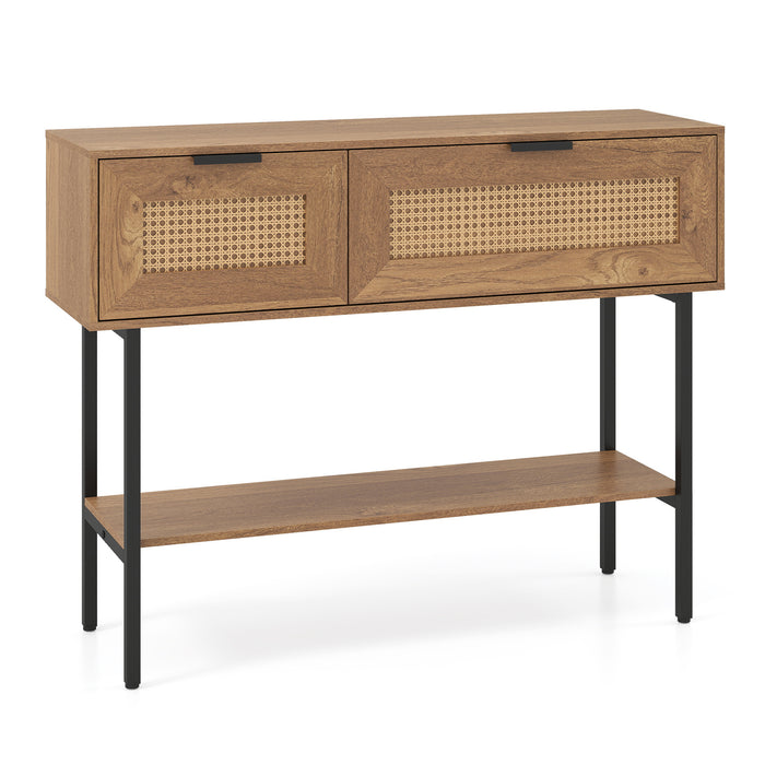 Rattan Console Table Boho Entryway Table with Flip Doors-Black