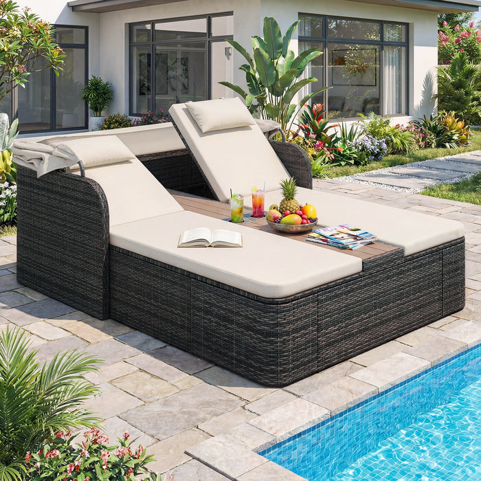 Rattan Double Daybed with Retractable Sunshade and Adjustable Backrests-Beige