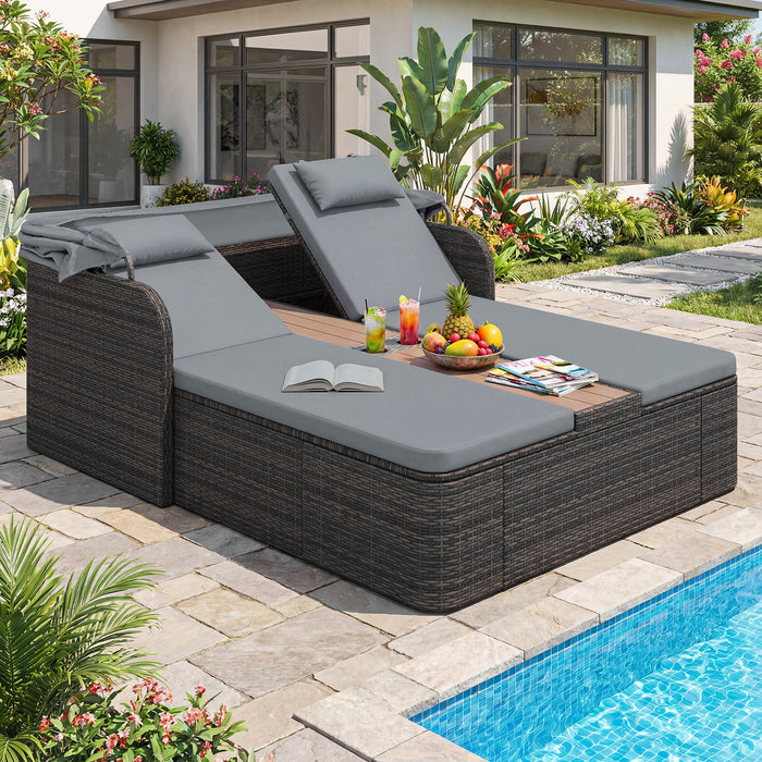 Rattan Double Daybed with Retractable Sunshade and Adjustable Backrests-Beige