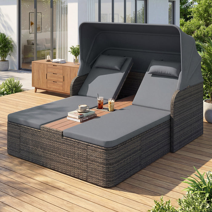 Rattan Double Daybed with Retractable Sunshade and Adjustable Backrests-Beige