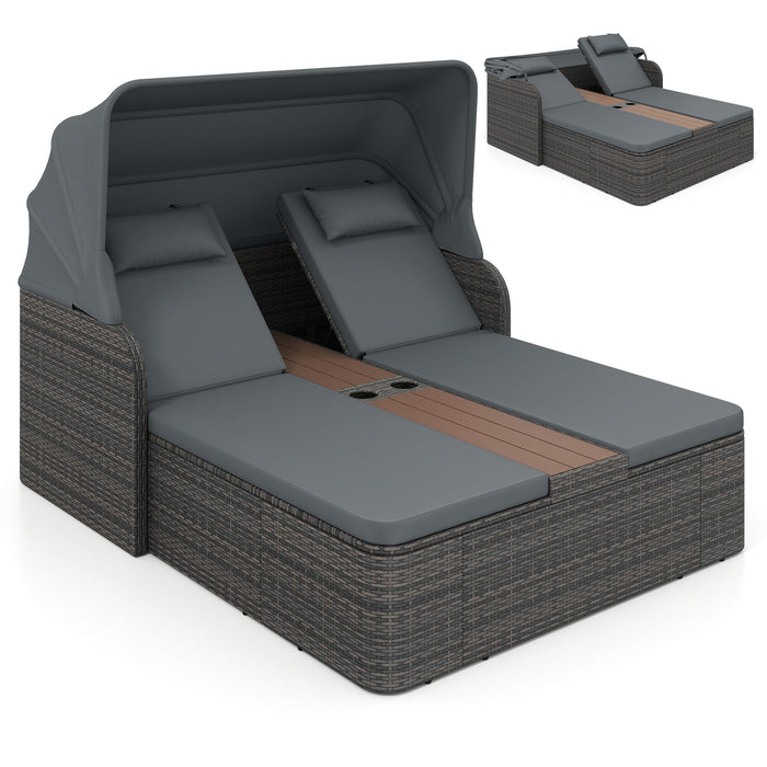 Rattan Double Daybed with Retractable Sunshade and Adjustable Backrests-Beige