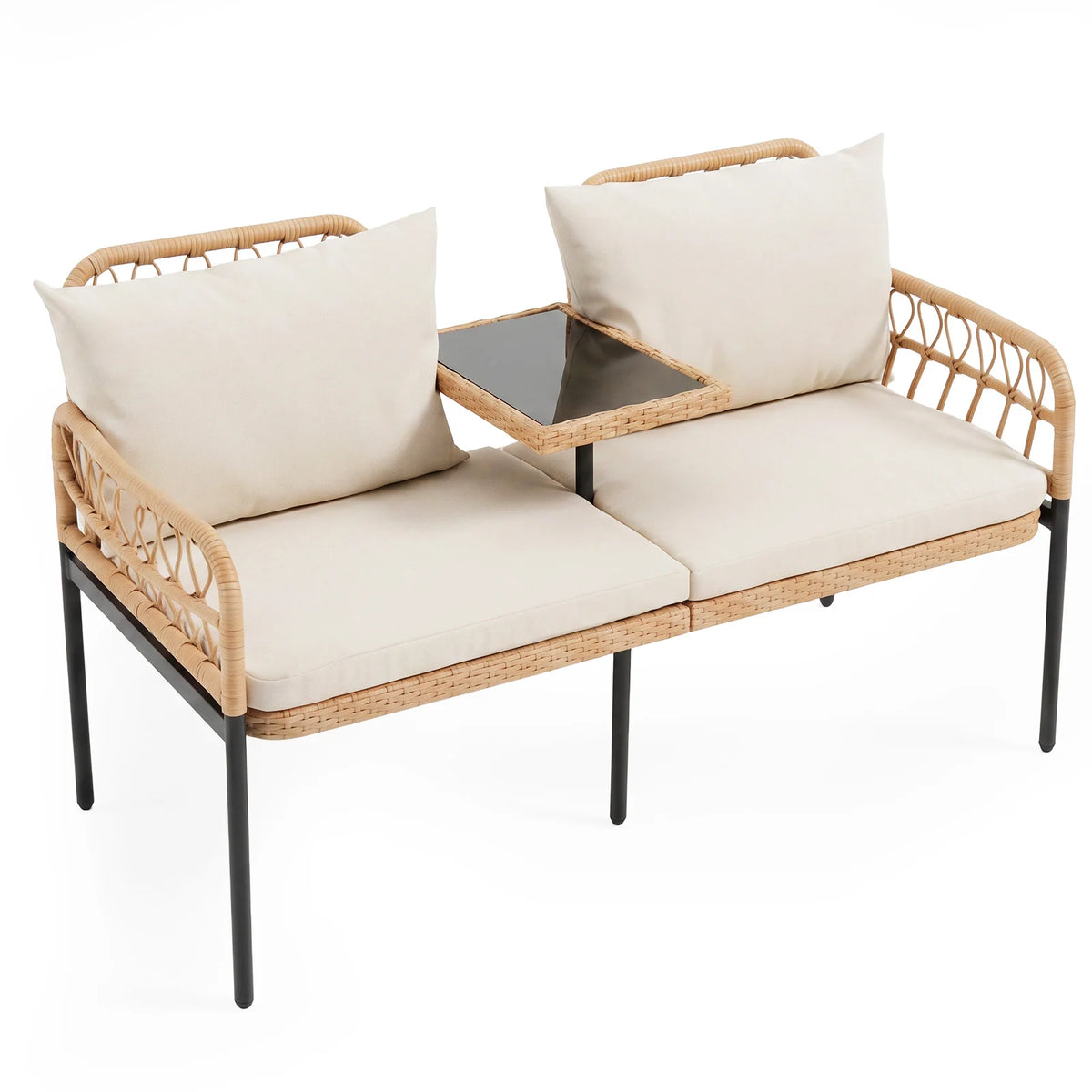 Rattan Jack and Jill Seat with Built-In Table and Cushions for Patio Balcony-
