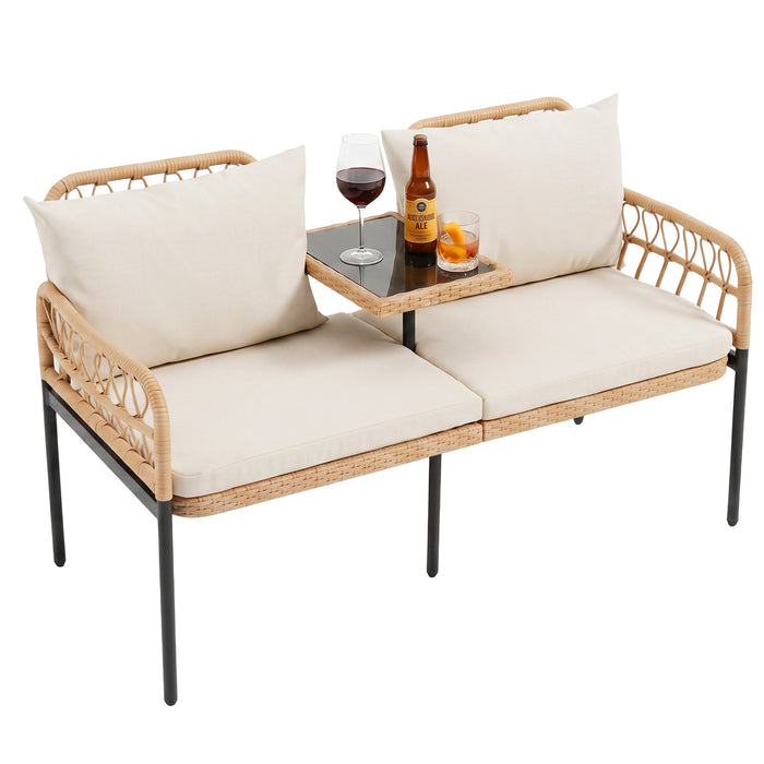 Rattan Jack and Jill Seat with Built-In Table and Cushions for Patio Balcony-